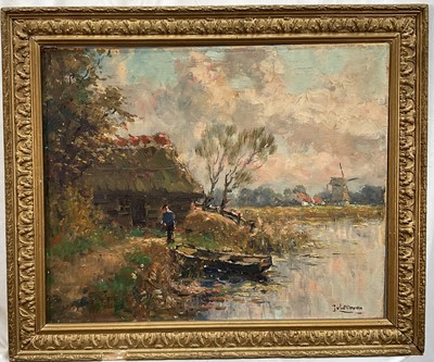 Lot 20 - Small oil on canvas river scene, figure with boat and mill in background, indistinctly signed, 40cm x 49cm, gilt frame