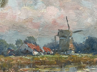 Lot 20 - Small oil on canvas river scene, figure with boat and mill in background, indistinctly signed, 40cm x 49cm, gilt frame