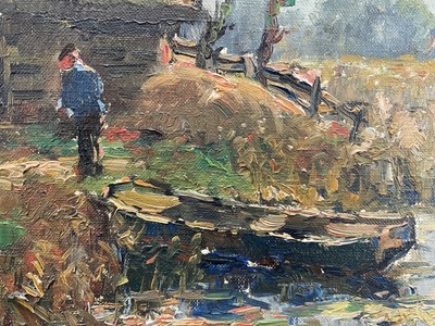 Lot 20 - Small oil on canvas river scene, figure with boat and mill in background, indistinctly signed, 40cm x 49cm, gilt frame