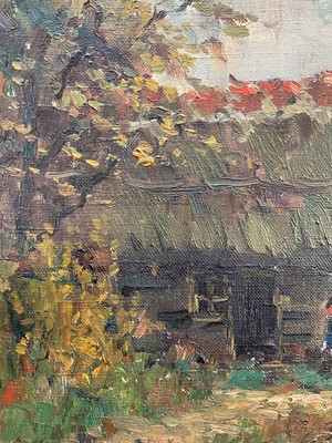 Lot 20 - Small oil on canvas river scene, figure with boat and mill in background, indistinctly signed, 40cm x 49cm, gilt frame