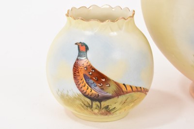 Lot 94 - Trio of three blush ivory pot pourri vases hand painted with pheasants, by Locke & Co. Worcester, circa 1902-1911, signed E. Blake, 6cm and 10cm high