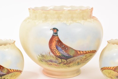 Lot 94 - Trio of three blush ivory pot pourri vases hand painted with pheasants, by Locke & Co. Worcester, circa 1902-1911, signed E. Blake, 6cm and 10cm high