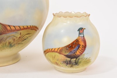 Lot 94 - Trio of three blush ivory pot pourri vases hand painted with pheasants, by Locke & Co. Worcester, circa 1902-1911, signed E. Blake, 6cm and 10cm high