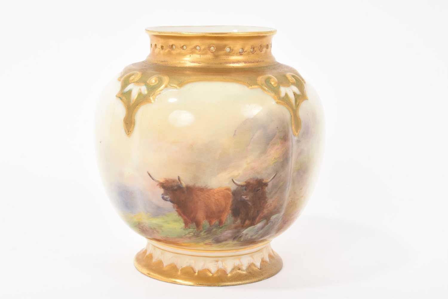 Lot 99 - Royal Worcester pot pourri vase, shape H 278, dated 1920, painted with Highland cattle and signed H. Stinton, 9.5cm high
