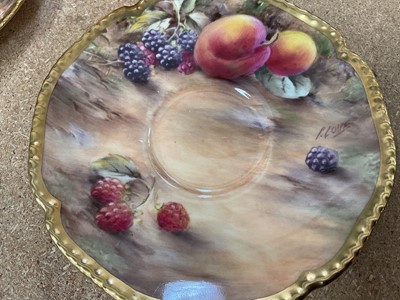Lot 101 - Pair of Royal Worcester cabinet cups and saucers, dated 1954/55, painted with fruit, signed P. Love, the saucers 15cm diameter