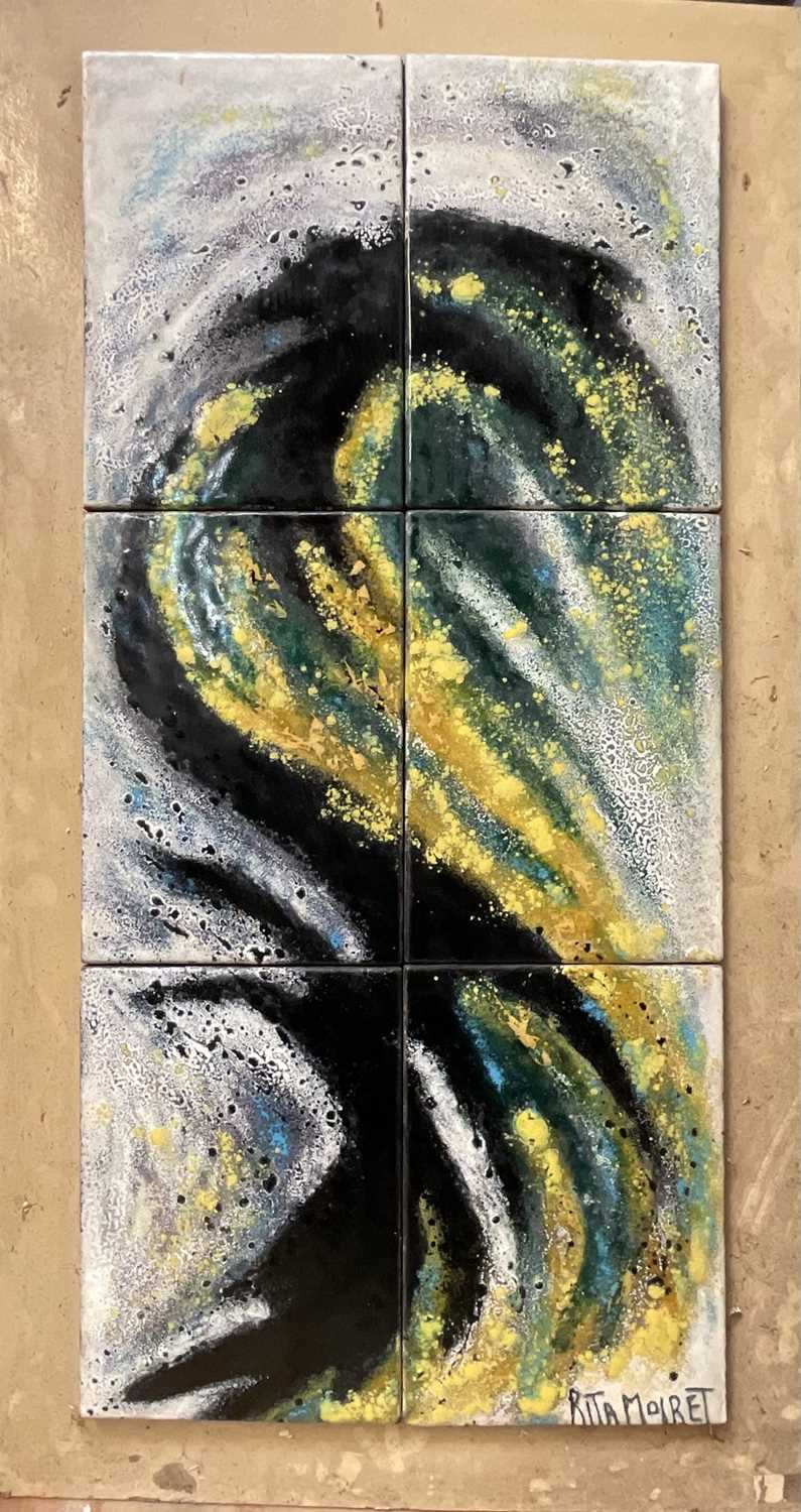 Lot 28 - Rita Moiret (1912-1994) enamel composition, abstract, comprised of 6 panels on board, signed, 107cm x 51cm, overall 122cm x 66cm