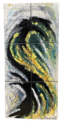 Lot 28 - Rita Moiret (1912-1994) enamel composition, abstract, comprised of 6 panels on board, signed, 107cm x 51cm, overall 122cm x 66cm