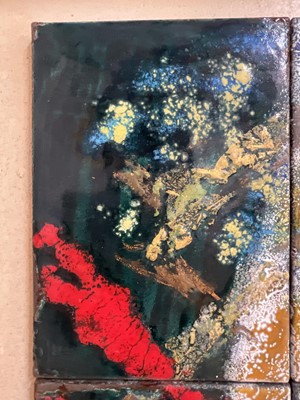 Lot 30 - Rita Moiret (1912-1994) enamel composition, abstract, comprised of 6 panels on board, signed, 107cm x 51cm, 122cm x 66cm overall