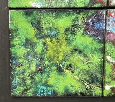 Lot 31 - Rita Moiret (1912-1994) enamel composition, abstract - 'Contemplation', comprised of 4 panels on board, signed with initials, titled verso, 66cm x71cm, 84cm x 89cm overall