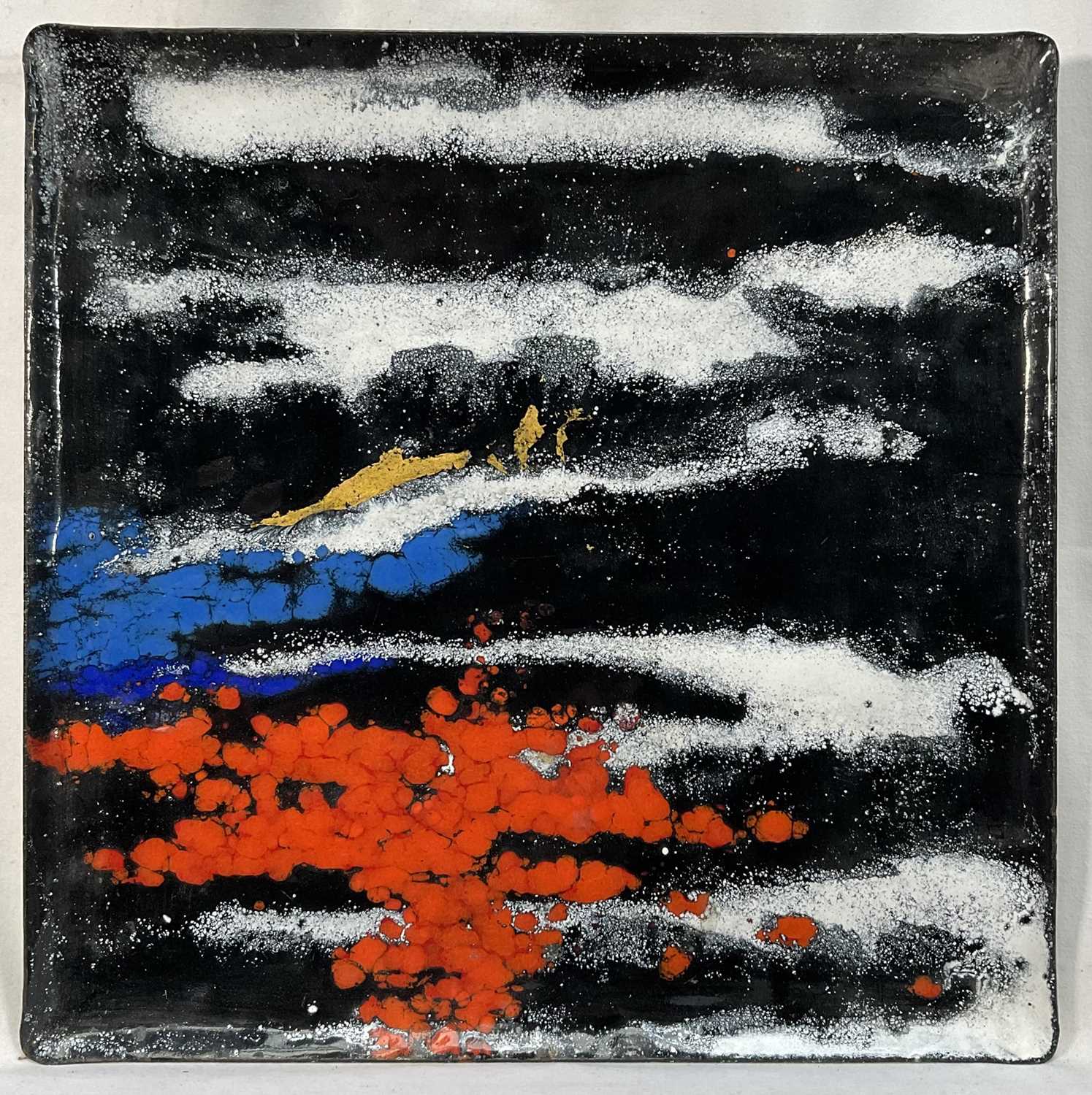 Lot 34 - Rita Moiret (1912-1994) enamel composition, abstract, in tray form, signed verso, 30cm x 30cm
