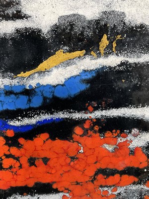 Lot 34 - Rita Moiret (1912-1994) enamel composition, abstract, in tray form, signed verso, 30cm x 30cm