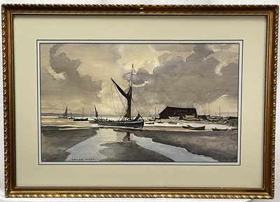 Lot 96 - Manner of Rowland Hilder, ink and watercolour - Low Tide, bearing signature, 28cm x 46cm, in glazed gilt frame