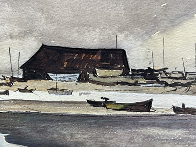 Lot 96 - Manner of Rowland Hilder, ink and watercolour - Low Tide, bearing signature, 28cm x 46cm, in glazed gilt frame