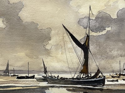 Lot 96 - Manner of Rowland Hilder, ink and watercolour - Low Tide, bearing signature, 28cm x 46cm, in glazed gilt frame