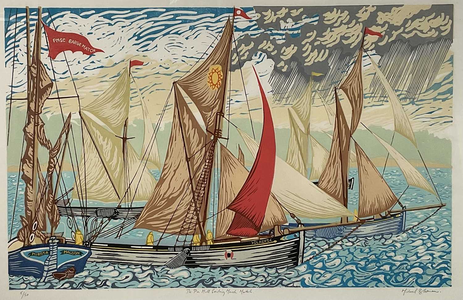 Lot 16 - Michael Blooman, The Pin Mill Sailing March Match, Linocut 53cm x 84cm, edition 5/50, signed in pencil, framed
