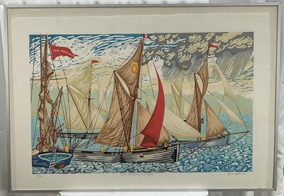 Lot 16 - Michael Blooman, The Pin Mill Sailing March Match, Linocut 53cm x 84cm, edition 5/50, signed in pencil, framed