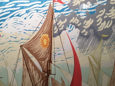 Lot 16 - Michael Blooman, The Pin Mill Sailing March Match, Linocut 53cm x 84cm, edition 5/50, signed in pencil, framed