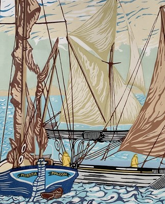Lot 16 - Michael Blooman, The Pin Mill Sailing March Match, Linocut 53cm x 84cm, edition 5/50, signed in pencil, framed