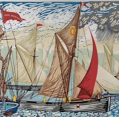 Lot 16 - Michael Blooman, The Pin Mill Sailing March Match, Linocut 53cm x 84cm, edition 5/50, signed in pencil, framed