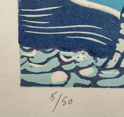 Lot 16 - Michael Blooman, The Pin Mill Sailing March Match, Linocut 53cm x 84cm, edition 5/50, signed in pencil, framed