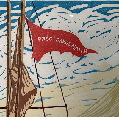 Lot 16 - Michael Blooman, The Pin Mill Sailing March Match, Linocut 53cm x 84cm, edition 5/50, signed in pencil, framed