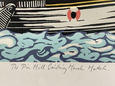 Lot 16 - Michael Blooman, The Pin Mill Sailing March Match, Linocut 53cm x 84cm, edition 5/50, signed in pencil, framed