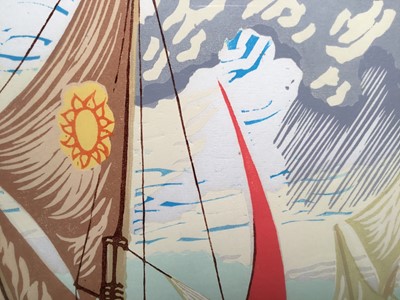 Lot 16 - Michael Blooman, The Pin Mill Sailing March Match, Linocut 53cm x 84cm, edition 5/50, signed in pencil, framed