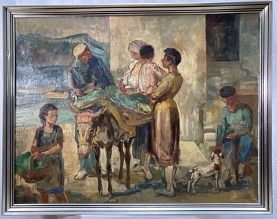 Lot 77 - Ludvig Jacobson (1890-1957) oil on canvas - Soller, Majorca, market donkey, signed, titled verso, 84cm x 109cm, framed