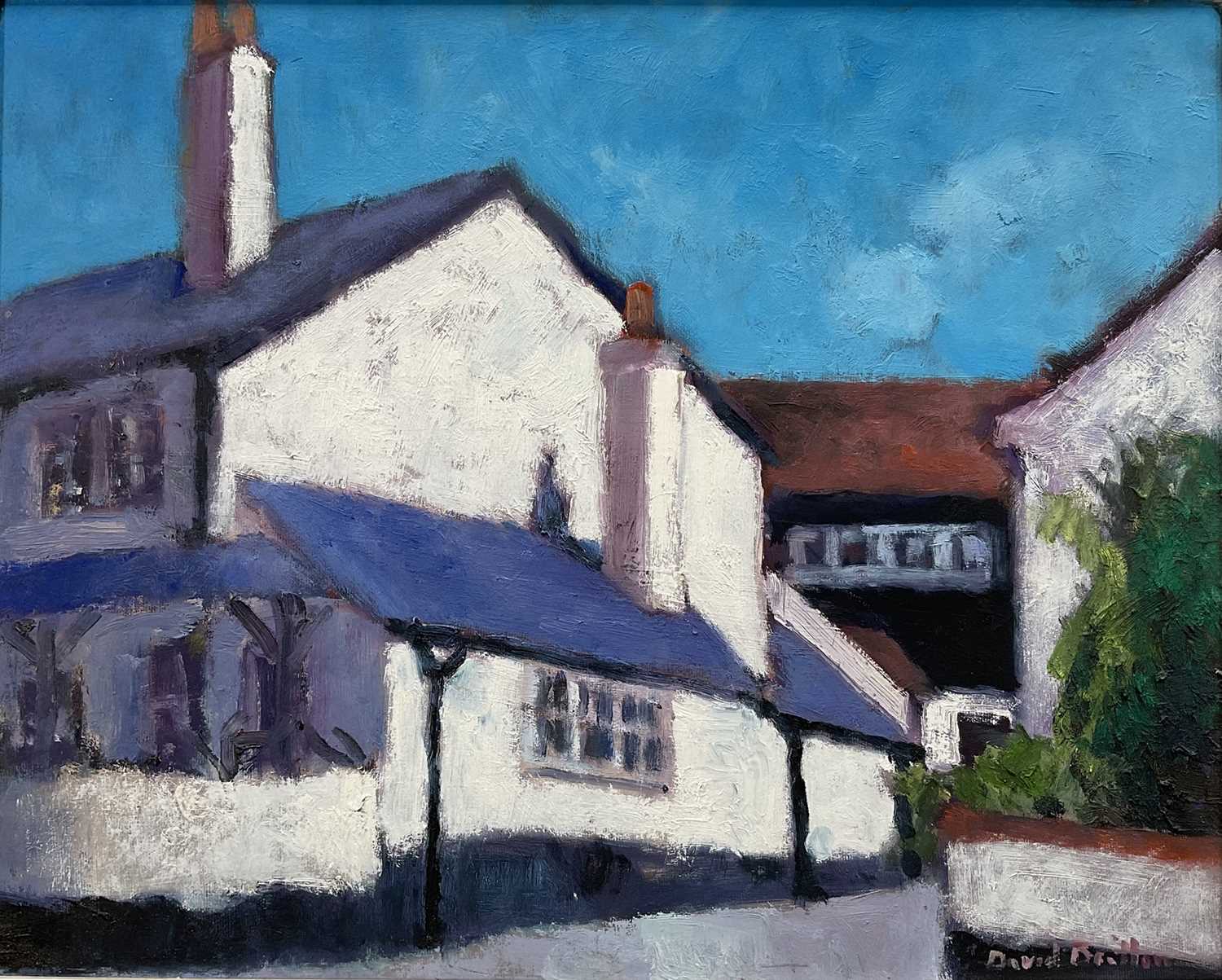 Lot 82 - David Britton, contemporary, oil on board - Old Pub, The Lane, West Mersea, signed, framed, 39cm x 50cm