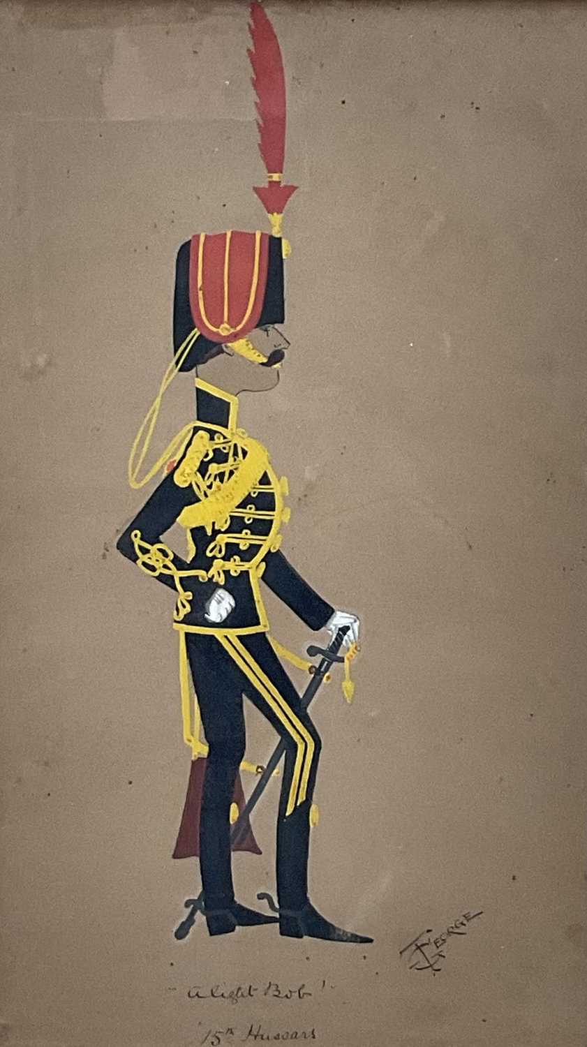 Lot 96 - T. George, pair of early 20th century pen, ink and watercolour military cartoons - The 15th Hussars, titled "You know that story" and "Alright Bob", signed and titled, in glazed gilt frames, 32c...