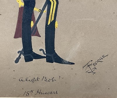 Lot 96 - T. George, pair of early 20th century pen, ink and watercolour military cartoons - The 15th Hussars, titled "You know that story" and "Alright Bob", signed and titled, in glazed gilt frames, 32c...