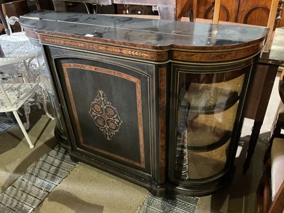 Lot 90 - 19th century ebonised and amboyna credenza with bow glass ends and central cupboard door decorated with inlay