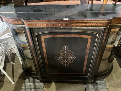 Lot 90 - 19th century ebonised and amboyna credenza with bow glass ends and central cupboard door decorated with inlay