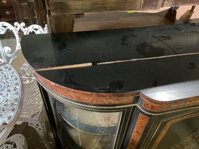 Lot 90 - 19th century ebonised and amboyna credenza with bow glass ends and central cupboard door decorated with inlay