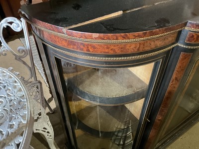 Lot 90 - 19th century ebonised and amboyna credenza with bow glass ends and central cupboard door decorated with inlay