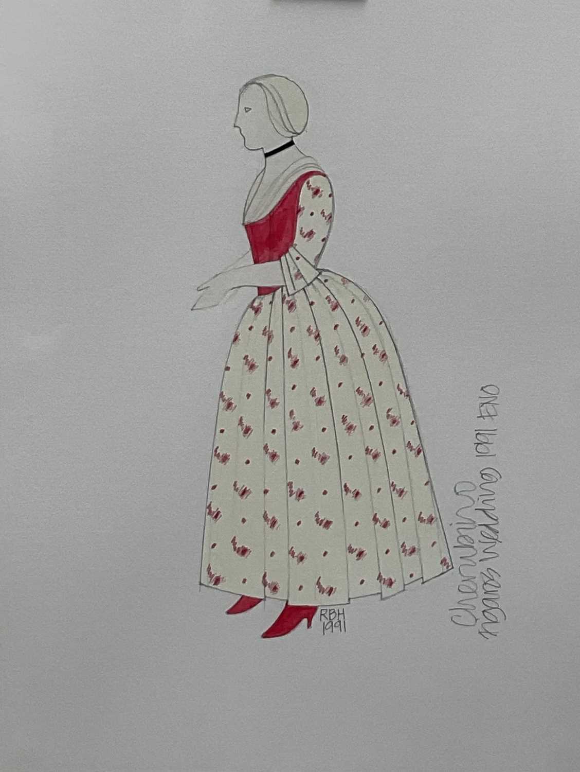 Lot 128 - Richard Hudson (b. 1954) watercolour, two costume designs for English National and Royal Opera productions, Figaro's Wedding (1991) and Die Meistersinger Von Nurnberg (1993), 35.5 x 25.5cm, in g...