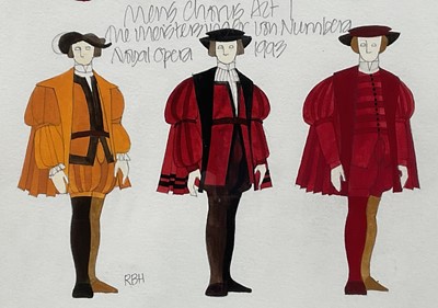 Lot 128 - Richard Hudson (b. 1954) watercolour, two costume designs for English National and Royal Opera productions, Figaro's Wedding (1991) and Die Meistersinger Von Nurnberg (1993), 35.5 x 25.5cm, in g...
