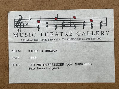 Lot 128 - Richard Hudson (b. 1954) watercolour, two costume designs for English National and Royal Opera productions, Figaro's Wedding (1991) and Die Meistersinger Von Nurnberg (1993), 35.5 x 25.5cm, in g...