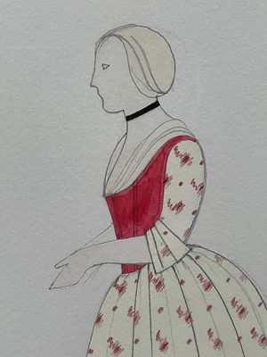 Lot 128 - Richard Hudson (b. 1954) watercolour, two costume designs for English National and Royal Opera productions, Figaro's Wedding (1991) and Die Meistersinger Von Nurnberg (1993), 35.5 x 25.5cm, in g...