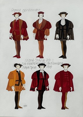 Lot 128 - Richard Hudson (b. 1954) watercolour, two costume designs for English National and Royal Opera productions, Figaro's Wedding (1991) and Die Meistersinger Von Nurnberg (1993), 35.5 x 25.5cm, in g...