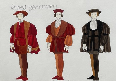 Lot 128 - Richard Hudson (b. 1954) watercolour, two costume designs for English National and Royal Opera productions, Figaro's Wedding (1991) and Die Meistersinger Von Nurnberg (1993), 35.5 x 25.5cm, in g...