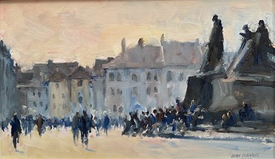 Lot 12 - John Osborne (b. 1939) oil on board - Figures and statues, signed, 14 x 24cm, glazed and framed