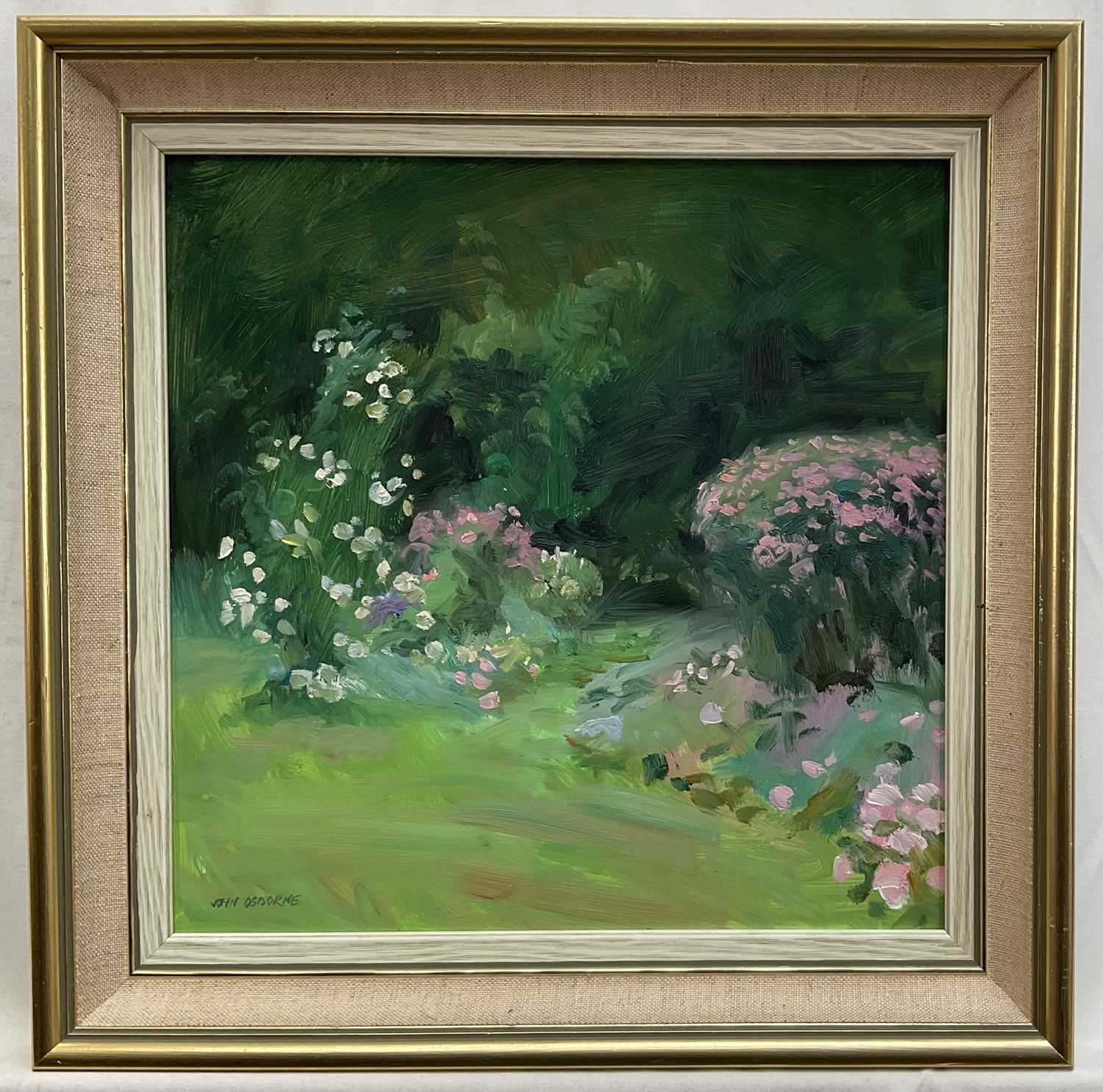 Lot 4 - John Osborne (b. 1939) oil on board - Flower garden, signed, 29.5cm x 29.5cm, framed