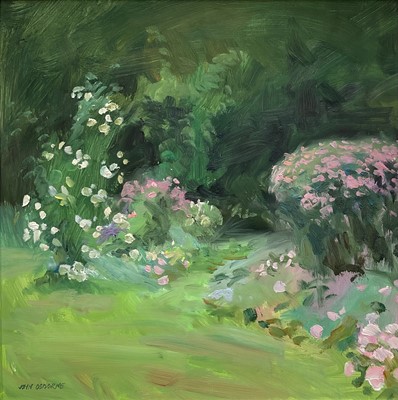 Lot 4 - John Osborne (b. 1939) oil on board - Flower garden, signed, 29.5cm x 29.5cm, framed