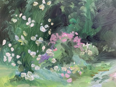 Lot 4 - John Osborne (b. 1939) oil on board - Flower garden, signed, 29.5cm x 29.5cm, framed