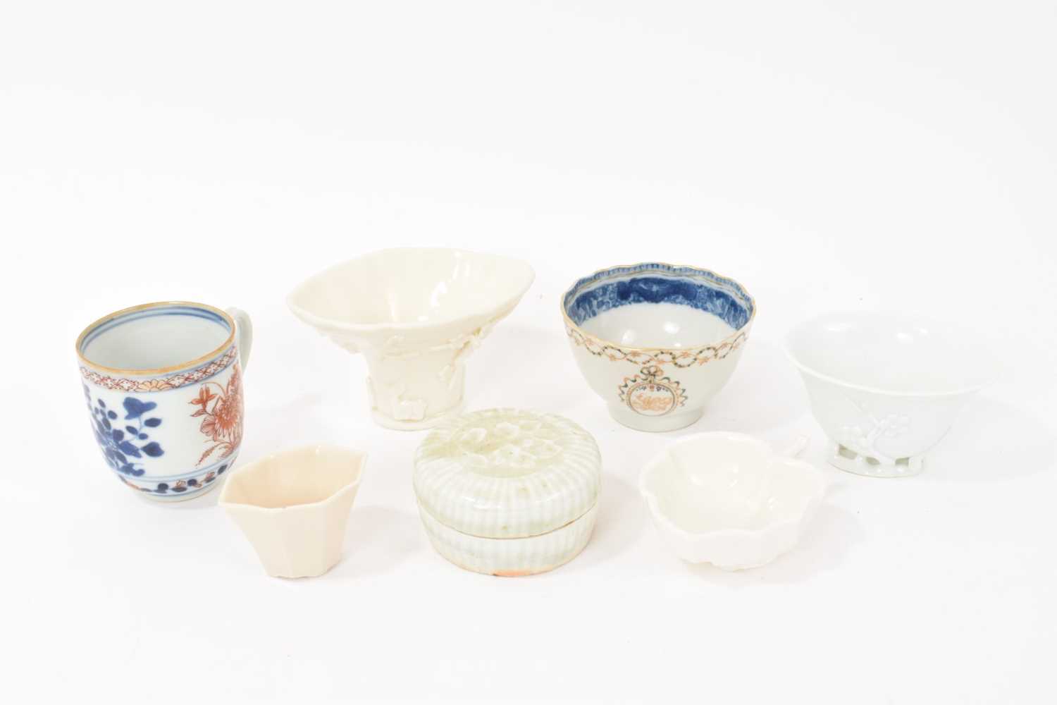 Lot 71 - Group of Chinese porcelain, including an early celadon pot and cover, blanc de chine libation cups, etc