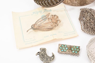 Lot 530 - Victorian white metal oval locket pendant with engraved bird decoration on chain, together with other silver and white metal jewellery