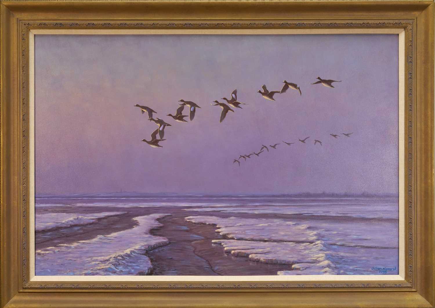 Lot 1243 - Julian Novorol (b.1949) oil on canvas - Widgeon over the Frozen Shore, signed and dated 1995, 61cm x 91cm, in gilt frame