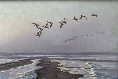 Lot 1243 - Julian Novorol (b.1949) oil on canvas - Widgeon over the Frozen Shore, signed and dated 1995, 61cm x 91cm, in gilt frame