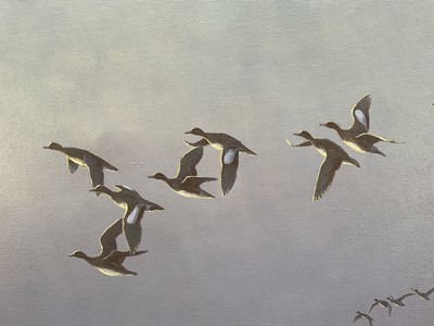 Lot 1243 - Julian Novorol (b.1949) oil on canvas - Widgeon over the Frozen Shore, signed and dated 1995, 61cm x 91cm, in gilt frame